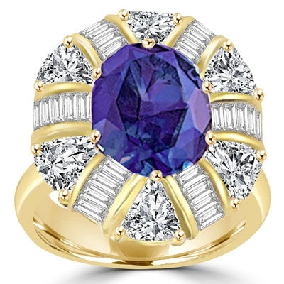 Prong Set Designer Ring with Simulated Oval Cut Sapphire Essence, Brilliant Baguettes and Trilliant Cut Diamonds by Diamond Essence set in Vermeil