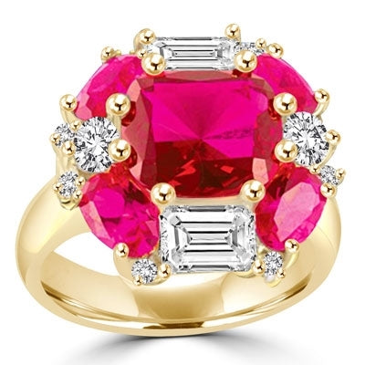 emerald cut and oval cut ruby stones with baguettes in silver ring