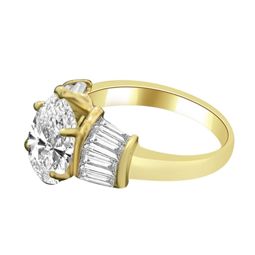 Majestic Pear cut Diamond Essence ring. 3 carat Pear center encircled by baguettes accents on either side. 5.0 cts.t.w. in Gold Vermeil.