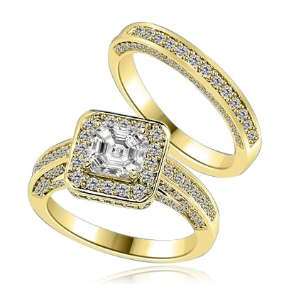 Wedding set with sparkles all around-1.25 Cts. Asscher cut Diamond Essence set in the center, outlined with Melee around and on the band. Curved matching band with sparkling melee, 2.75 Cts.T.W. in Gold Vermeil.