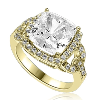 Diamond Essence designer ring 4.0 cts. Cushion cut Diamond essence set high in the center with melee around and on the band. 4.5 cts.t.w in Gold Vermeil..