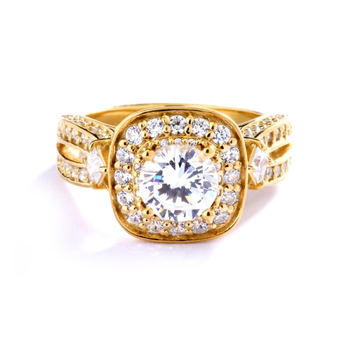 1.50 cts. Round Brilliant Diamond Essence in the center Surrounded by Melee, accompanied by Princess cut Diamond Essence and rows of Sparkling Melee on each side of the band, 3.0 cts. t.w. set in 14K Gold Vermeil.