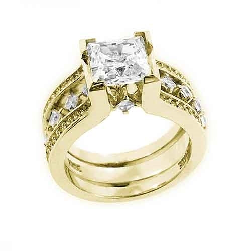 Diamond Essence Designer Wedding set with insertable wedding ring of 0.10 ct. each princess melee. Main band with 2 carat Princess cut center and round melee on the band. Beautiful wedding set with 3.5 Cts.t.w. in Gold Vermeil.
