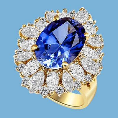 Medley Magic - Artistically set mixture of Marquise cut, Pear cut and Round cut Diamond Essences around 6.0 Cts. Oval cut Sapphire Essence in center. Perfect for Party. 10.0 Cts T.W. set in 14K Gold Vermeil.