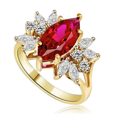 Designer Ring with 2.0 Cts. Marquise cut Ruby Essence in center accompanied by delicately set Marquise and Melee on each side. 3.0 Cts. T. W. set in 14K Gold Vermeil.