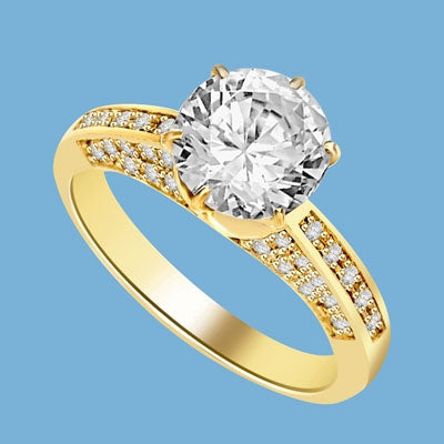 Diamond Essence Designer Ring with 2.0 Cts. Round Brilliant Diamond Essence in Center and melee set on three sides of band, 3.90 Cts. T.W. set in 14k gold vermeil.