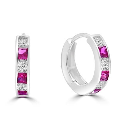 14K White Gold hoop earring with ruby essence diamond.
