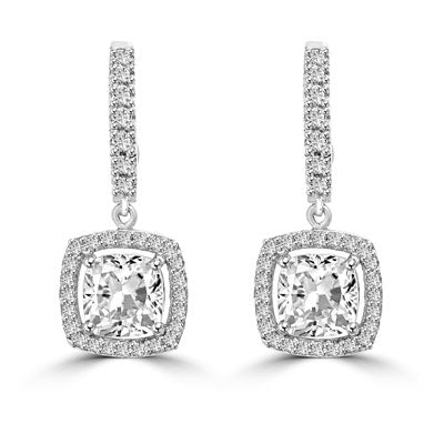 Diamond Essence Leverback Earrings with 1.0 ct. Cushion cut Round Brilliant Melee, 2.50 cts.t.w. in 14K White Gold.