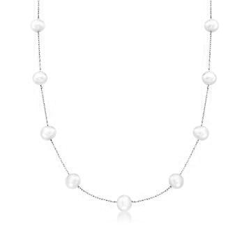 Diamond Essence 18 Inch Long Nine Station Necklace With 4.2mm Each Pearl in 14K White Gold Chain.