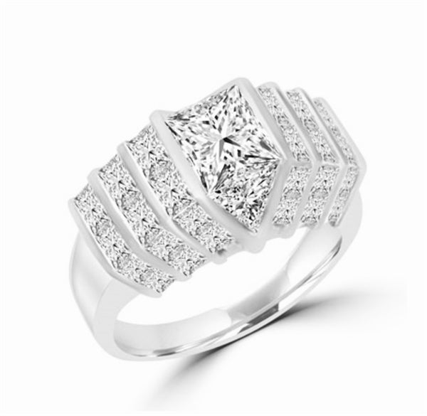 14K Solid Gold ring with 2.0 cts. center Octrillion stone flanked by round stones all the way down. 8.30 cts.t.w.