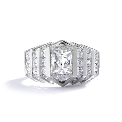 14K Solid White Gold ring with 2.0 cts. center Octrillion stone flanked by beautiful jewels. Stones are cut to fit precisely together with no spaces between them for a stunning solid diamond look