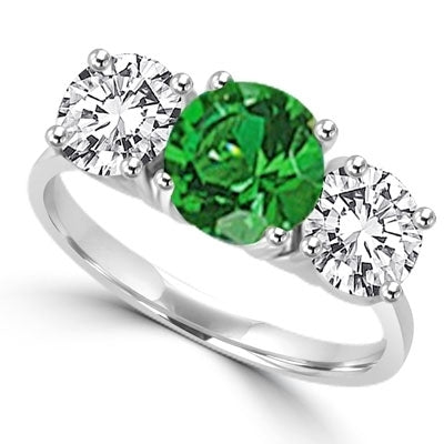 solid white gold Ring  round emerald and brilliant side stones