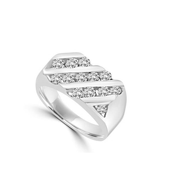 14K White Gold man's ring with round Diamond Joy stones, total 14, in three rows, 1.5 ct. t.w.
