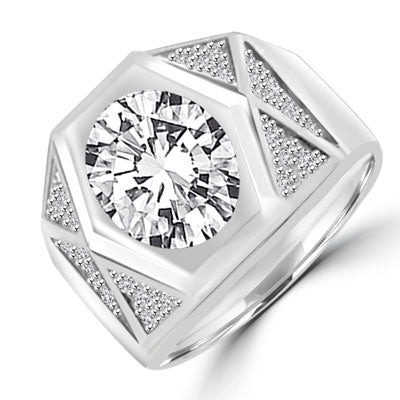 Youre the front-runner wearing this mens ring that positions a 4.0 cts. oval stone in a unique hexagonal setting. 4.60 cts.T.W. set in 14K Solid White Gold.
