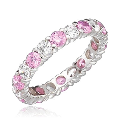 Pink & white round diamond eternity band of white gold