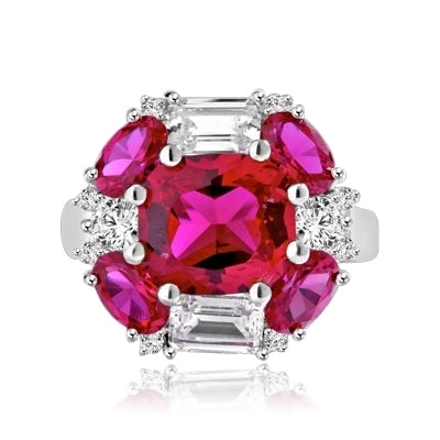Ring  emerald cut and oval cut ruby stones with baguettes