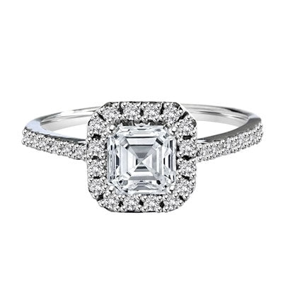 Diamond Essence Designer Ring with 1.25 ct. Asscher cut center stone surrounded by round stones. 1.75 cts. T.W. set in 14K Solid White Gold.