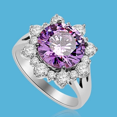 Designer Ring with Round Amethyst Essence in center surrounded by Round Brilliant Diamond Essence and Melee. 4.5 Cts. T.W. set in 14K Solid White Gold.