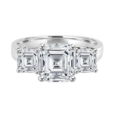 Three Stone Ring - 3.0 Carat Asscher Cut Diamond Essence Stone in the center and 0.5 carats Asscher  Cut Diamond Essence stones on each side.4.0 cts. t.w.
​