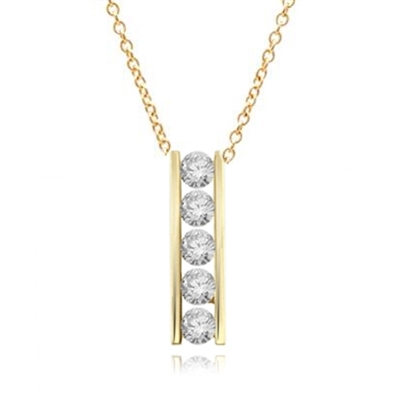 Diamond Essence round brilliant stones, 0.5 ct. each, set in a row between  two bars channel setting. 2.5 cts.t.w.in Gold