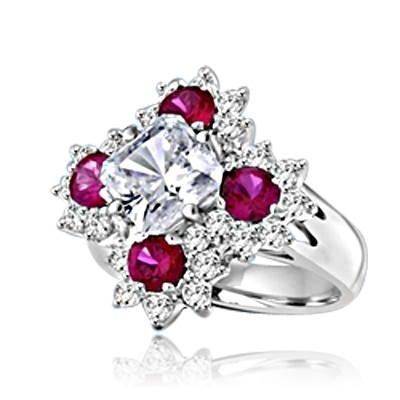 0.52ct Asscher Cut Burmese Ruby and Fancy Colour Diamond Three Stone Ring |  Hancocks London